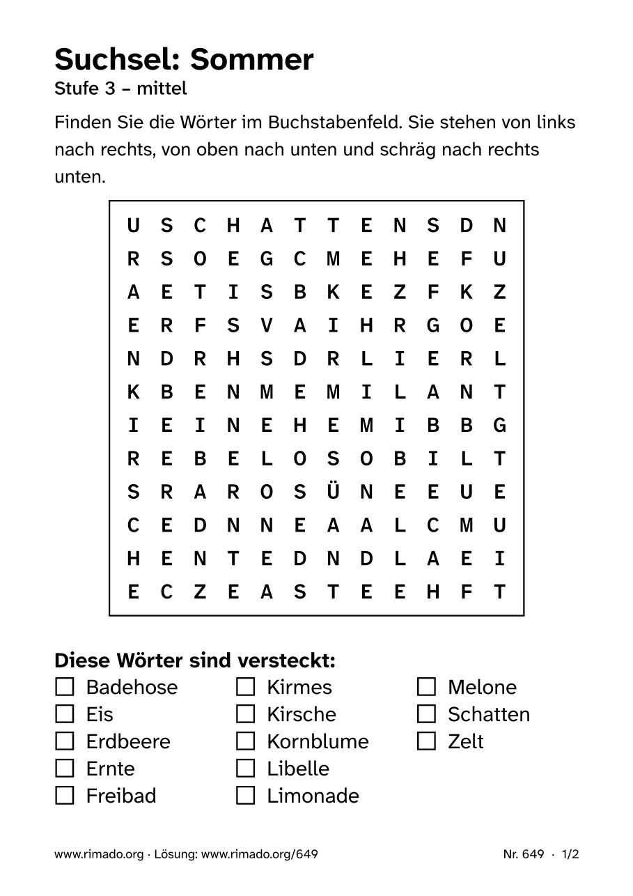 Vorschau der Druckseite: Suchsel „Sommer“, Nr. 649