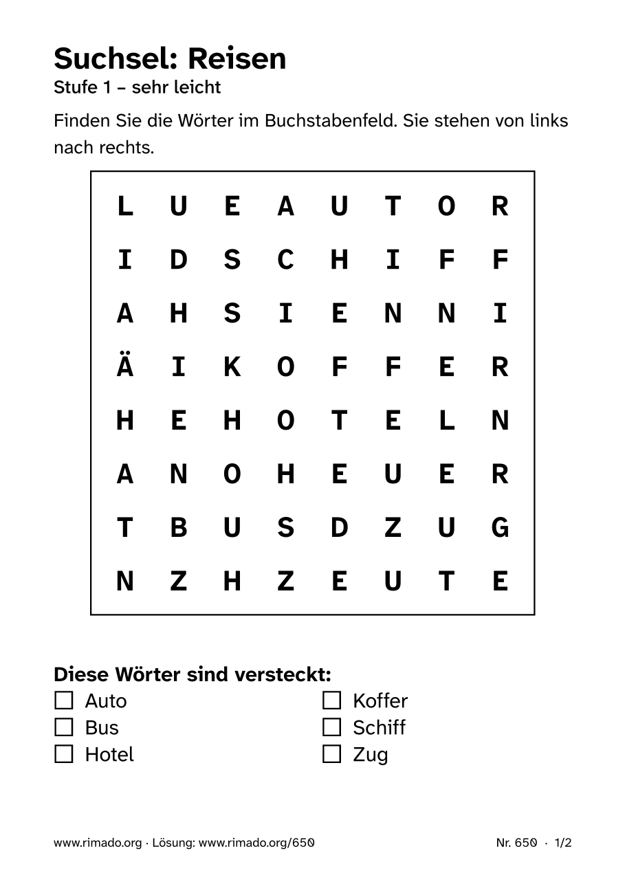 Vorschau der Druckseite: Suchsel „Reisen“, Nr. 650
