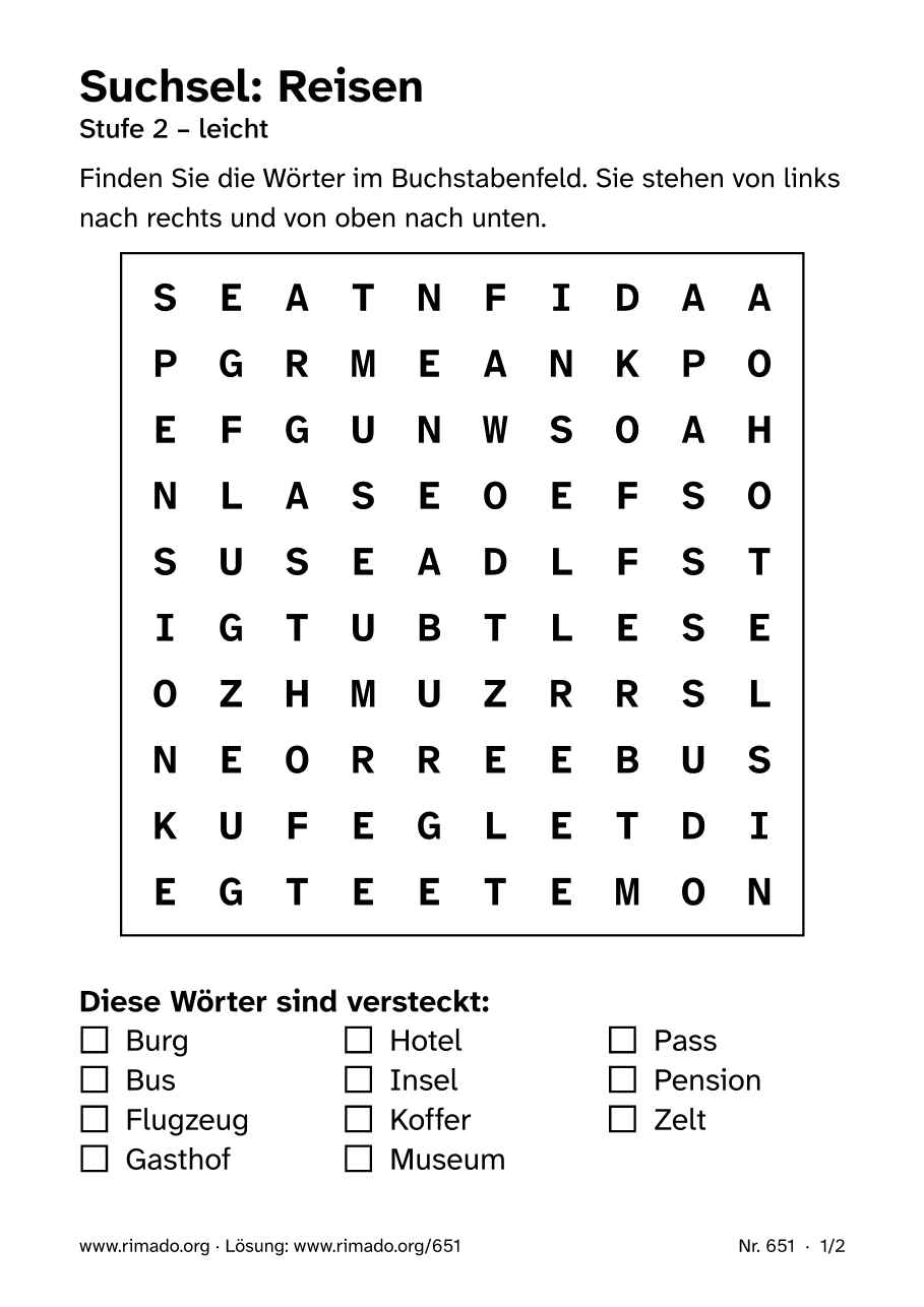 Vorschau der Druckseite: Suchsel „Reisen“, Nr. 651