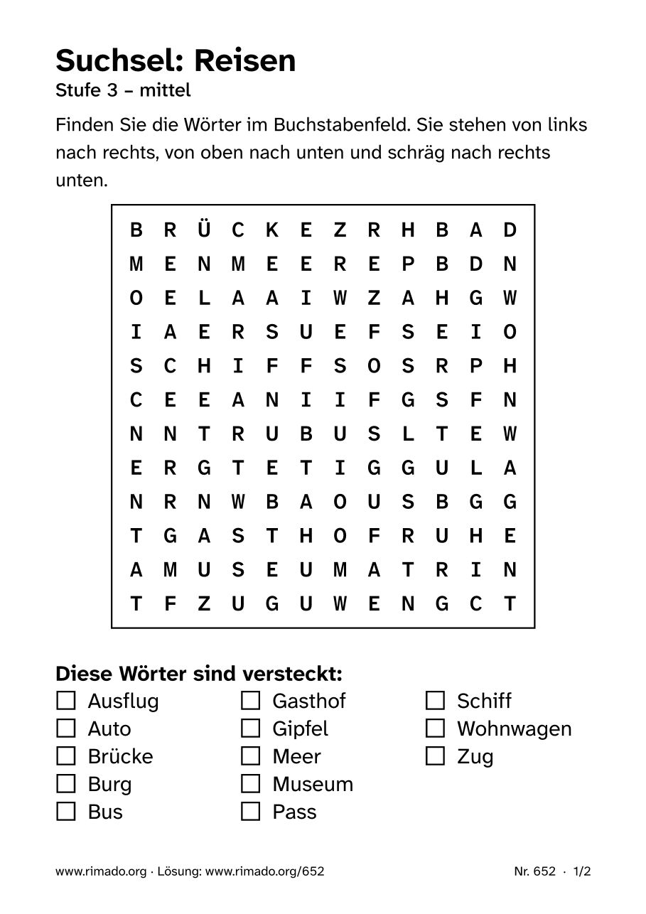 Vorschau der Druckseite: Suchsel „Reisen“, Nr. 652