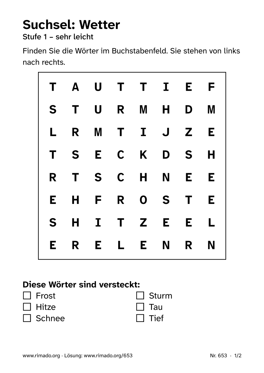 Vorschau der Druckseite: Suchsel „Wetter“, Nr. 653