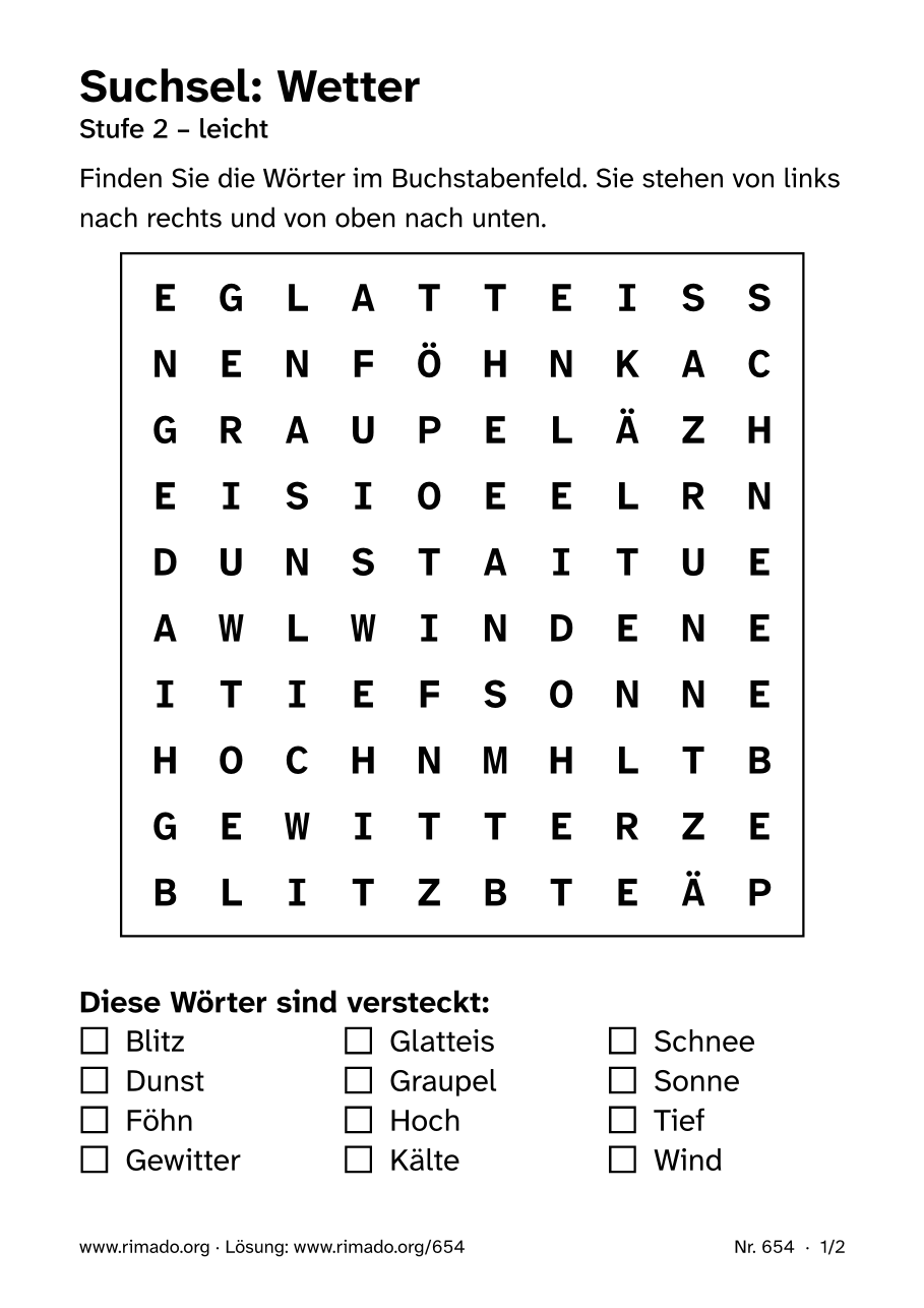 Vorschau der Druckseite: Suchsel „Wetter“, Nr. 654