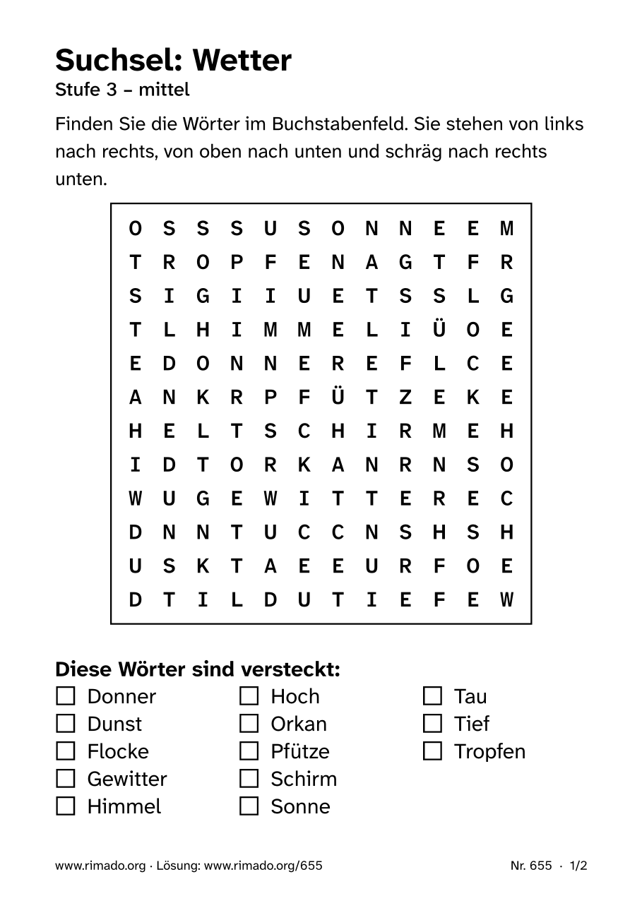 Vorschau der Druckseite: Suchsel „Wetter“, Nr. 655