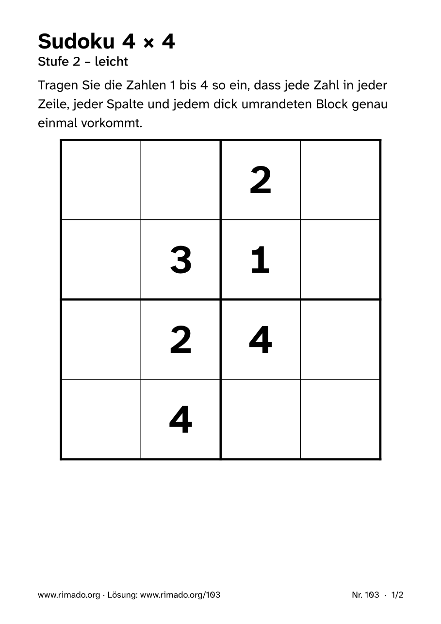 Vorschau der Druckseite: Sudoku 4 × 4, Nr. 103