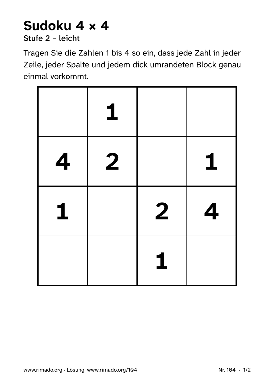Vorschau der Druckseite: Sudoku 4 × 4, Nr. 104