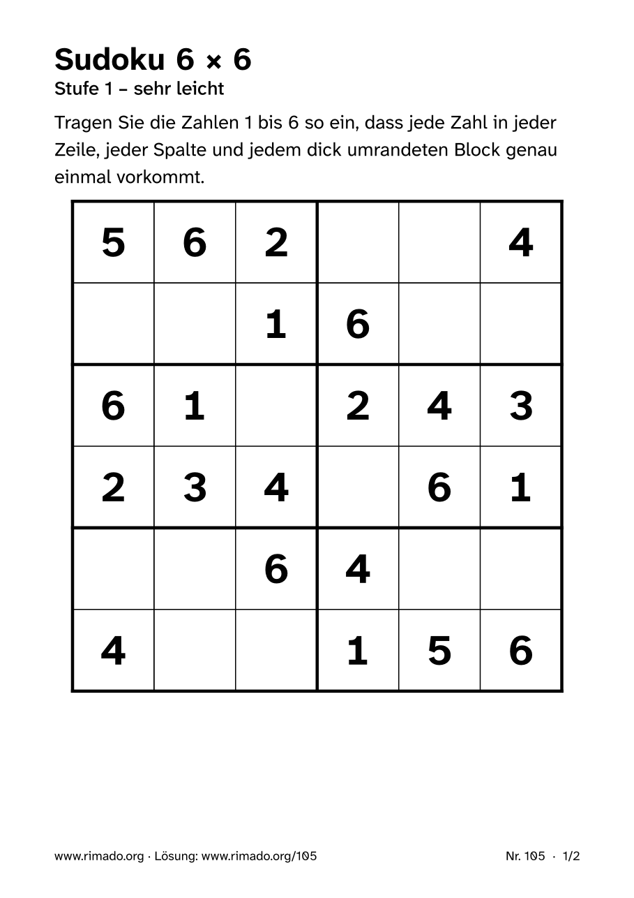 Vorschau der Druckseite: Sudoku 6 × 6, Nr. 105