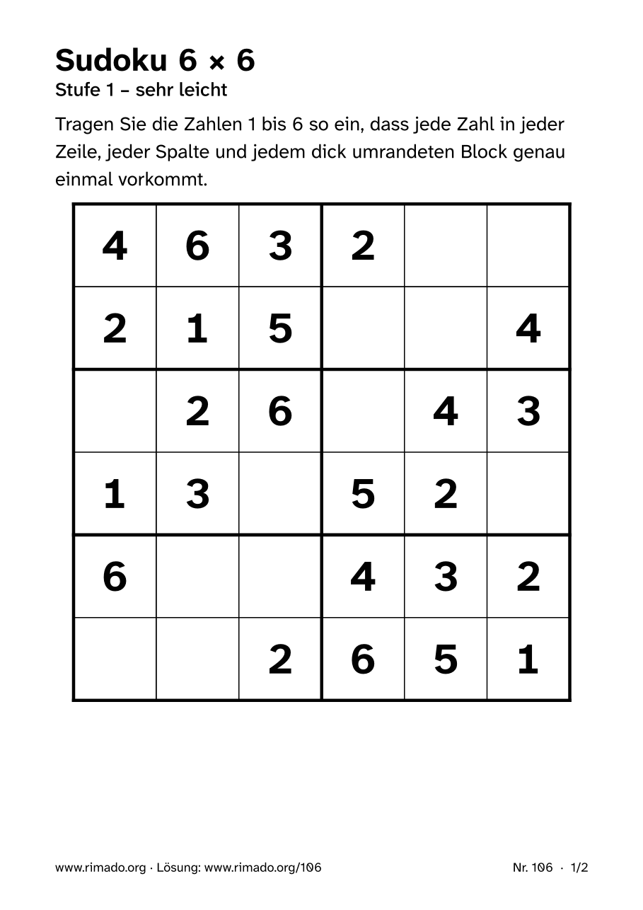 Vorschau der Druckseite: Sudoku 6 × 6, Nr. 106