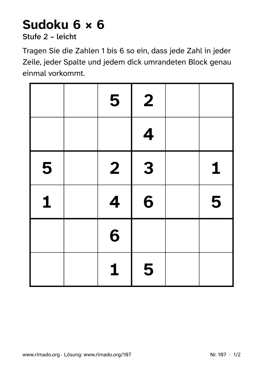 Vorschau der Druckseite: Sudoku 6 × 6, Nr. 107