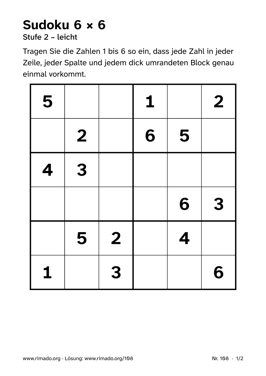 Vorschau der Druckseite: Sudoku 6 × 6, Nr. 108