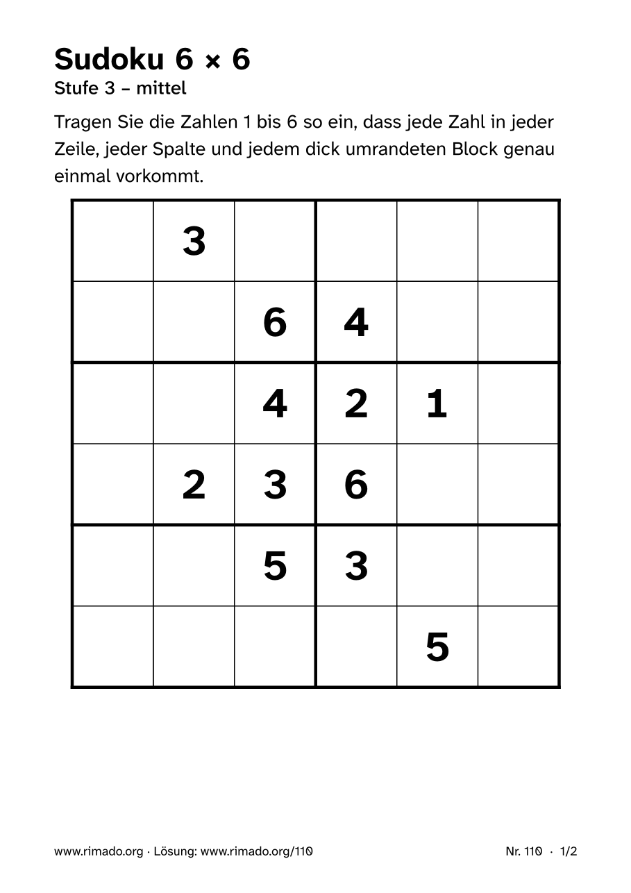 Vorschau der Druckseite: Sudoku 6 × 6, Nr. 110
