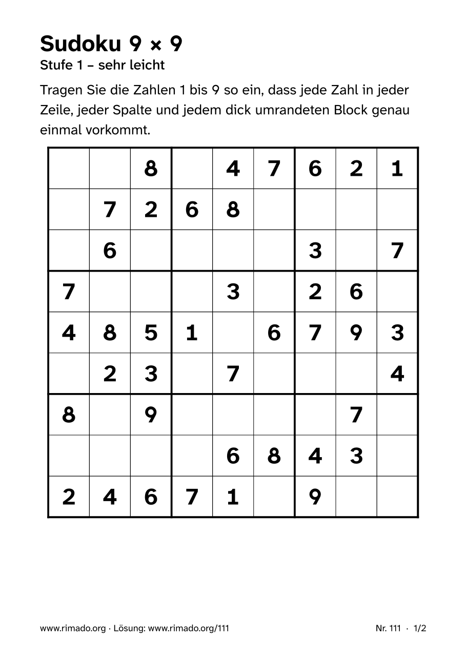 Vorschau der Druckseite: Sudoku 9 × 9, Nr. 111