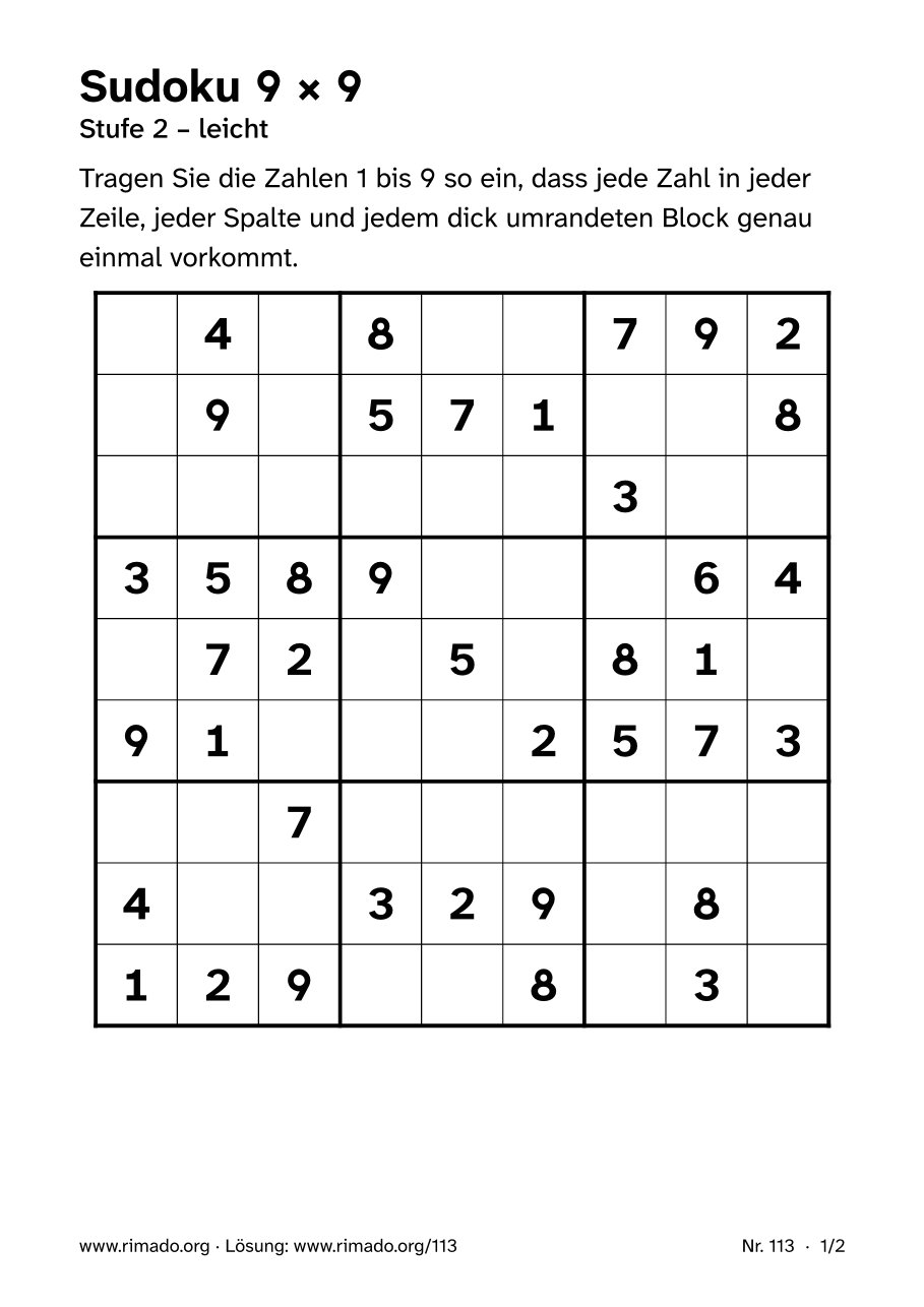Vorschau der Druckseite: Sudoku 9 × 9, Nr. 113
