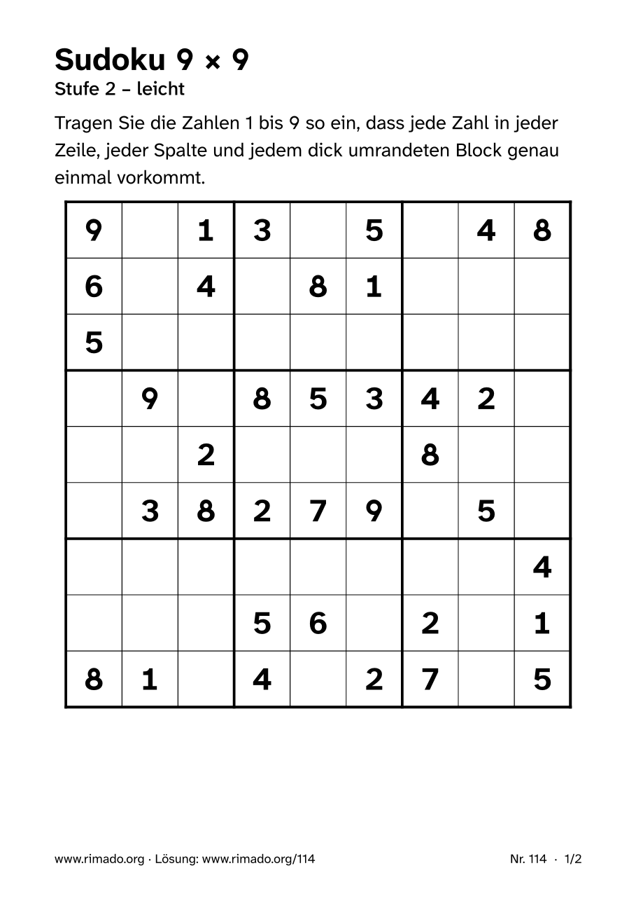 Vorschau der Druckseite: Sudoku 9 × 9, Nr. 114