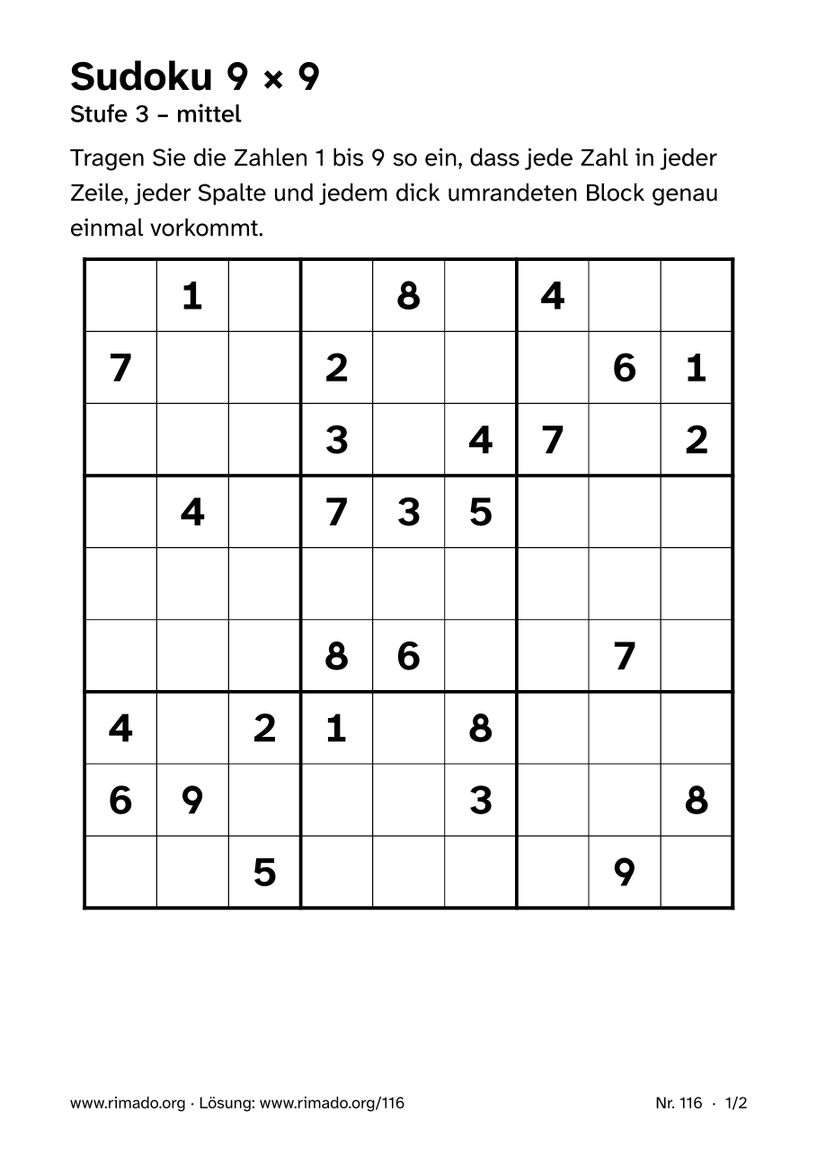 Vorschau der Druckseite: Sudoku 9 × 9, Nr. 116