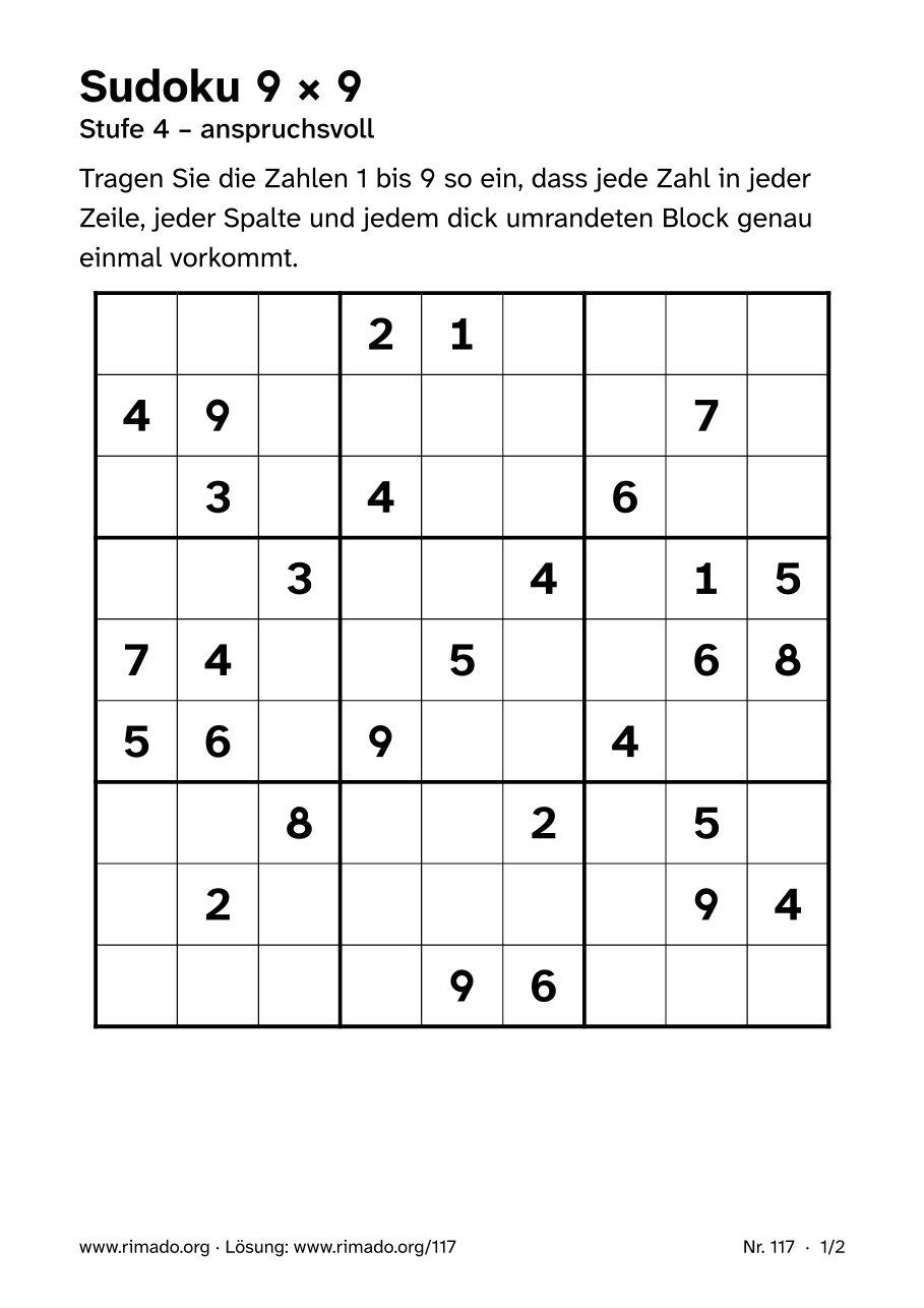 Vorschau der Druckseite: Sudoku 9 × 9, Nr. 117