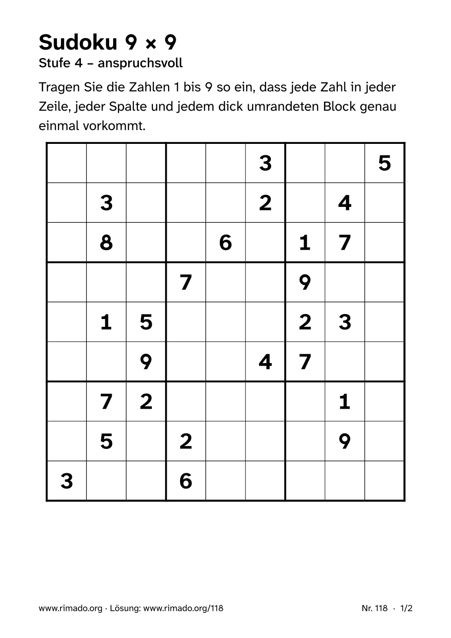 Vorschau der Druckseite: Sudoku 9 × 9, Nr. 118