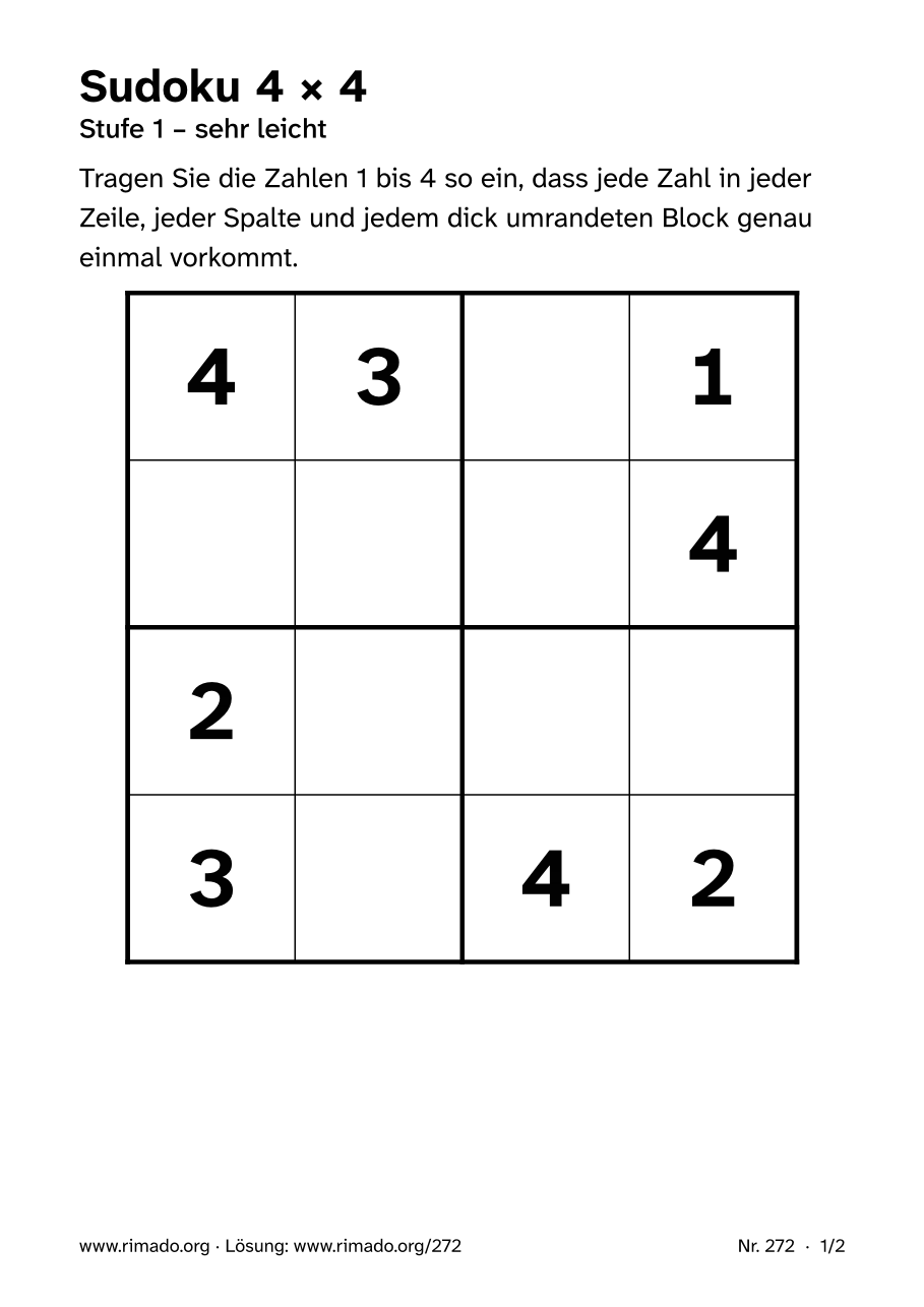 Vorschau der Druckseite: Sudoku 4 × 4, Nr. 272