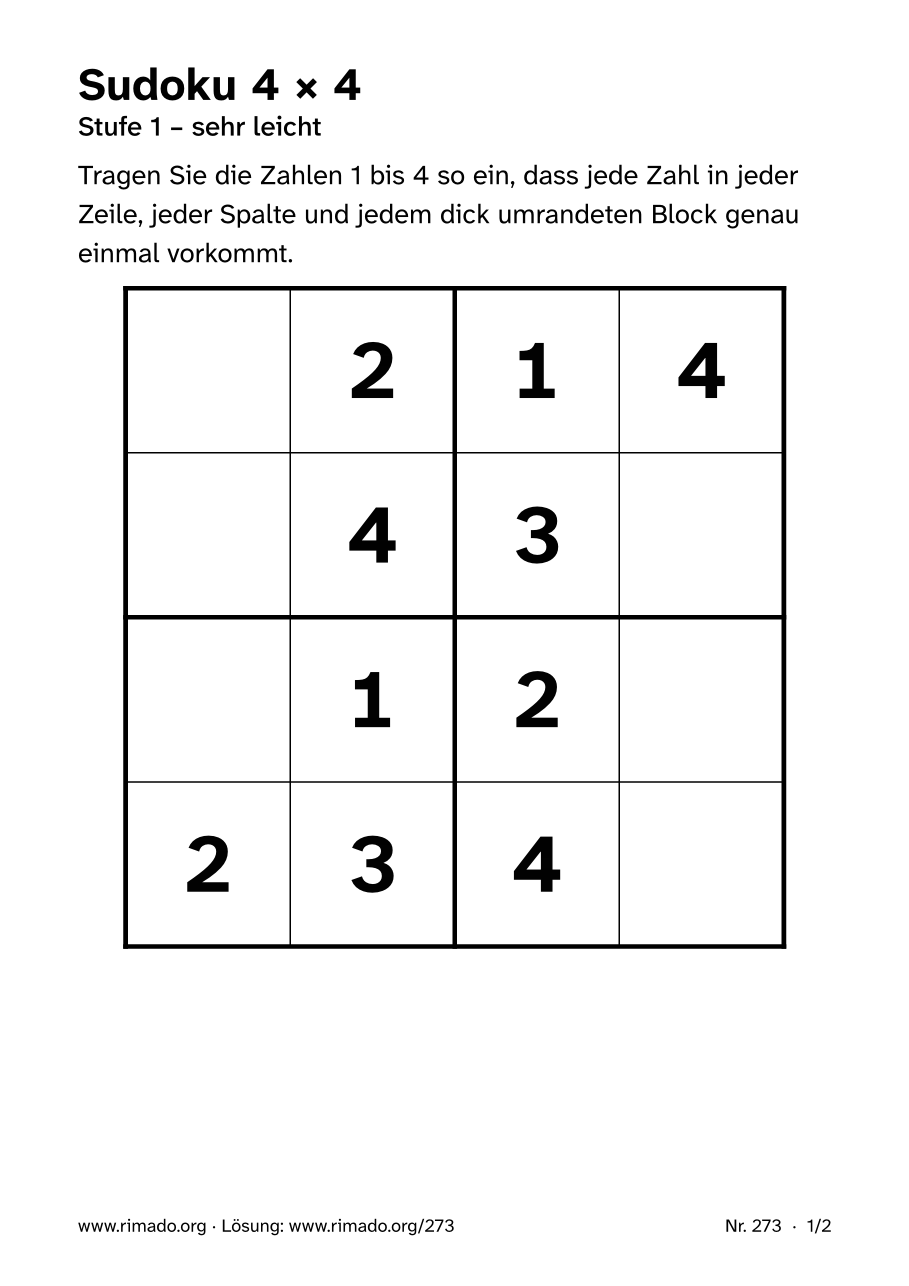 Vorschau der Druckseite: Sudoku 4 × 4, Nr. 273
