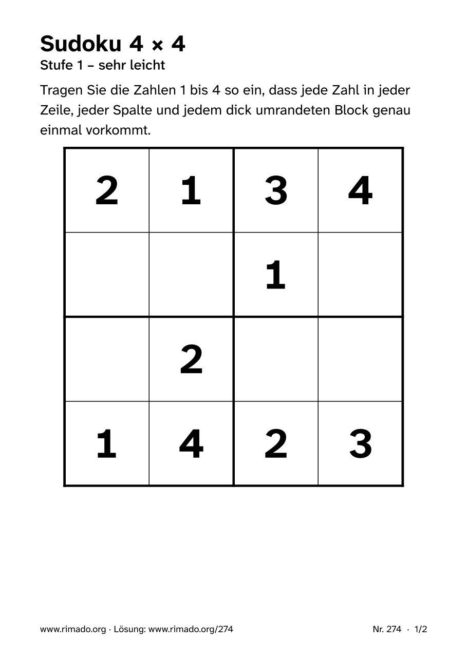 Vorschau der Druckseite: Sudoku 4 × 4, Nr. 274