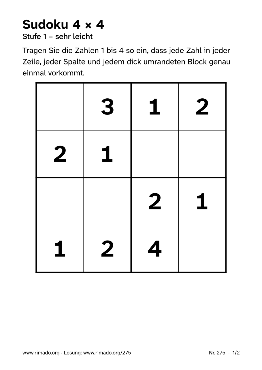Vorschau der Druckseite: Sudoku 4 × 4, Nr. 275