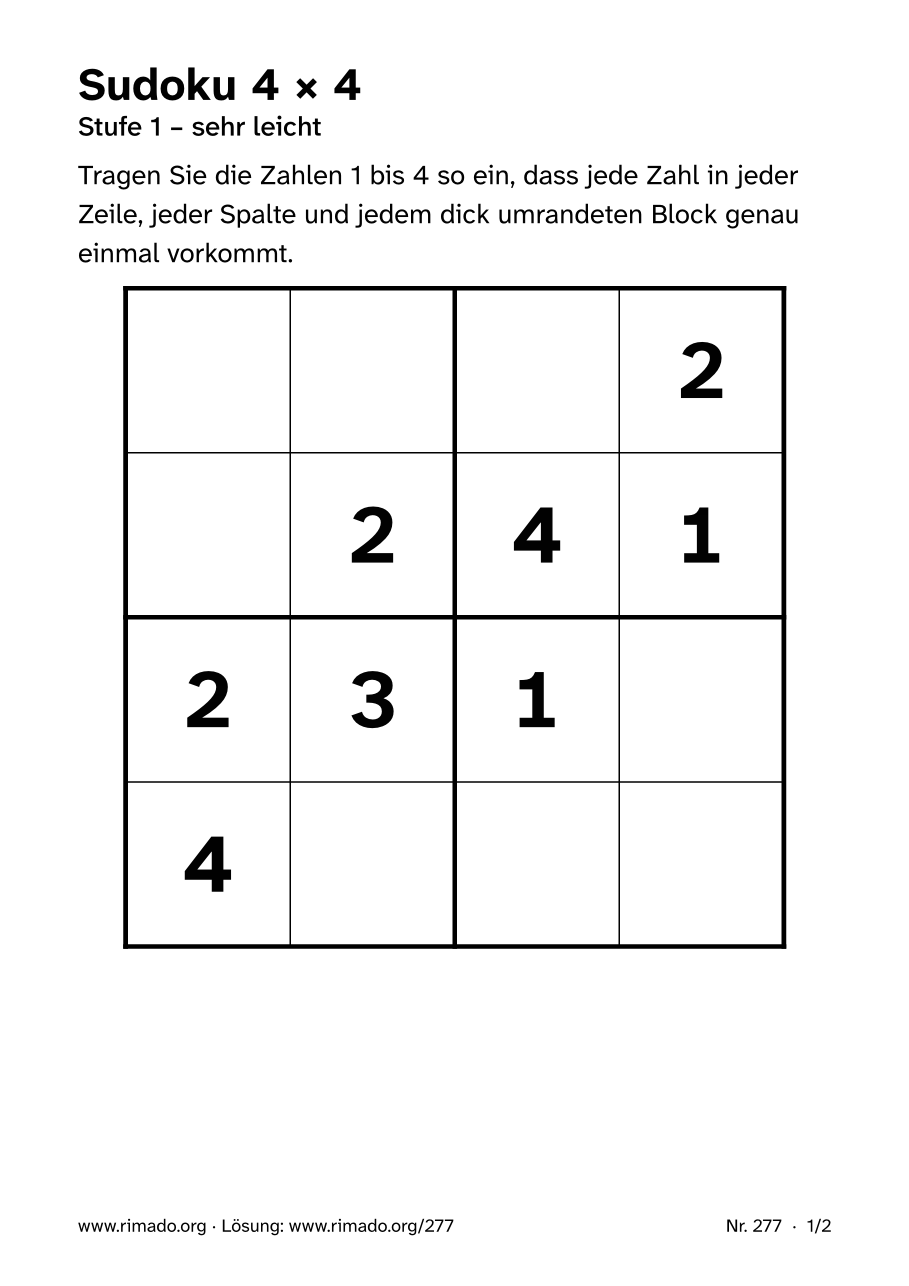 Vorschau der Druckseite: Sudoku 4 × 4, Nr. 277