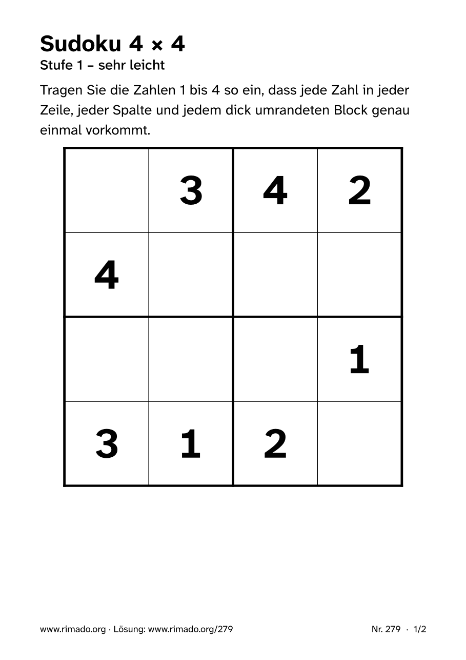 Vorschau der Druckseite: Sudoku 4 × 4, Nr. 279