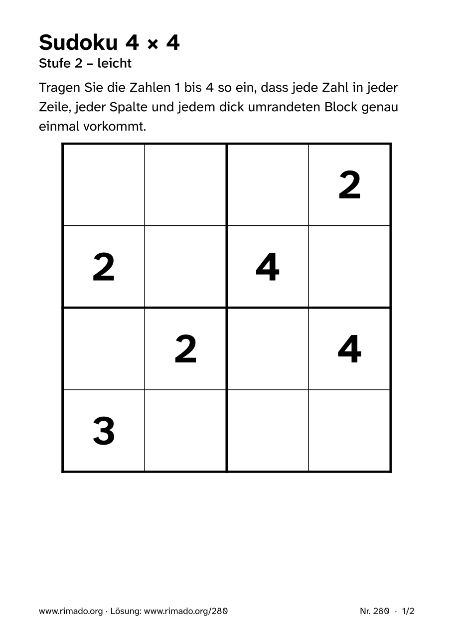 Vorschau der Druckseite: Sudoku 4 × 4, Nr. 280