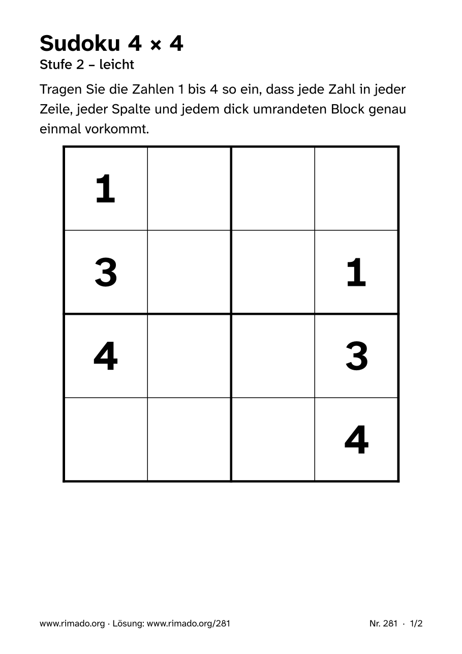 Vorschau der Druckseite: Sudoku 4 × 4, Nr. 281