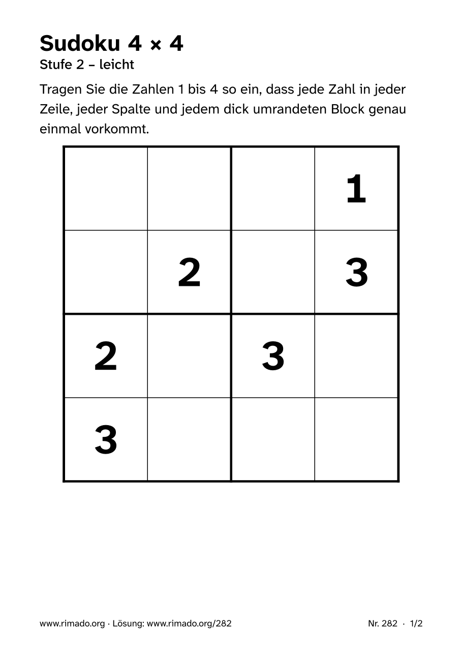 Vorschau der Druckseite: Sudoku 4 × 4, Nr. 282