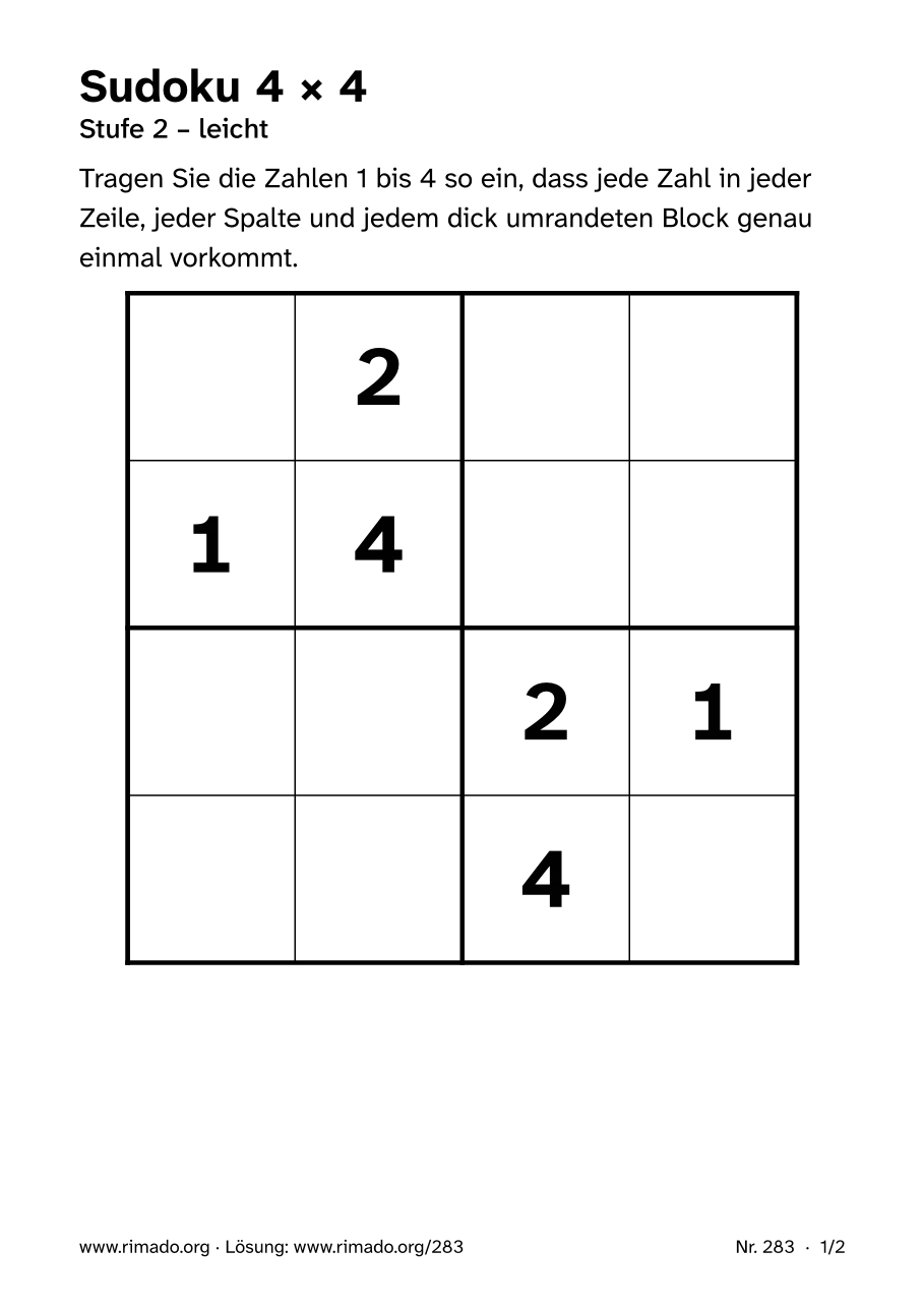 Vorschau der Druckseite: Sudoku 4 × 4, Nr. 283
