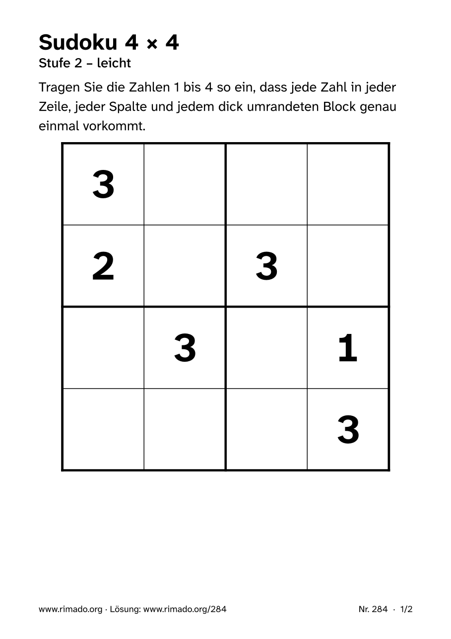 Vorschau der Druckseite: Sudoku 4 × 4, Nr. 284