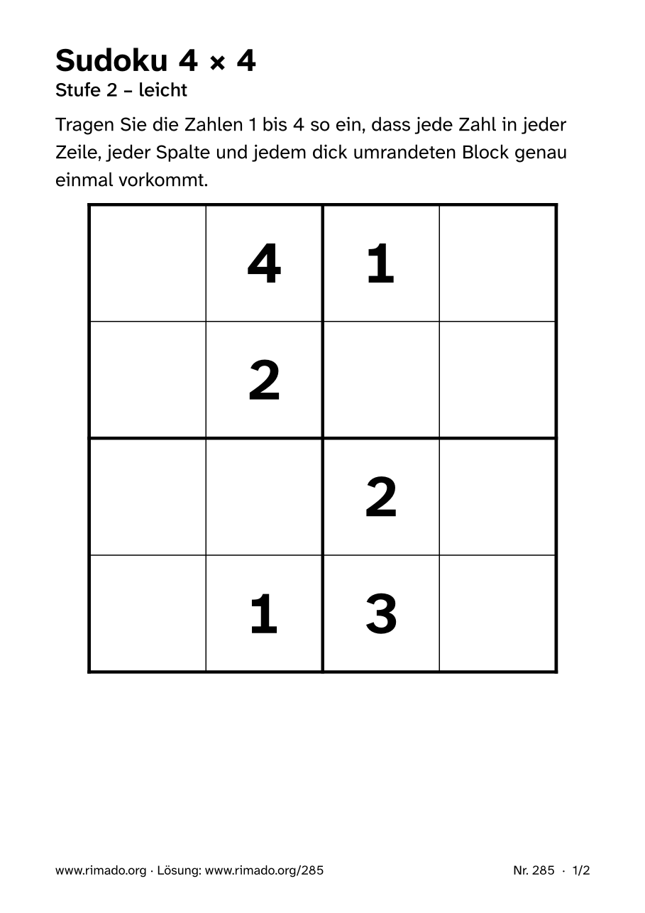 Vorschau der Druckseite: Sudoku 4 × 4, Nr. 285