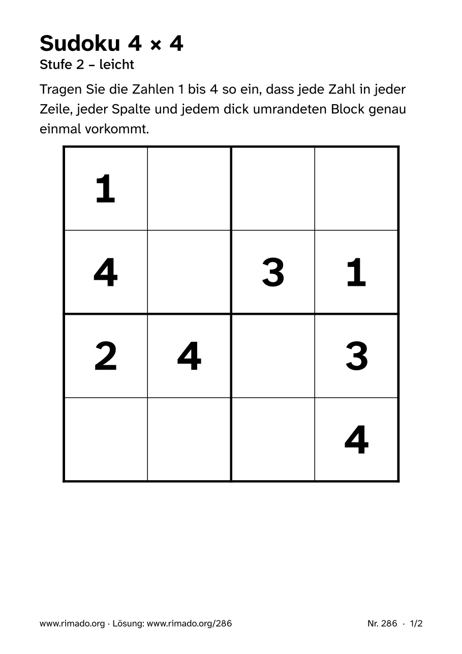 Vorschau der Druckseite: Sudoku 4 × 4, Nr. 286