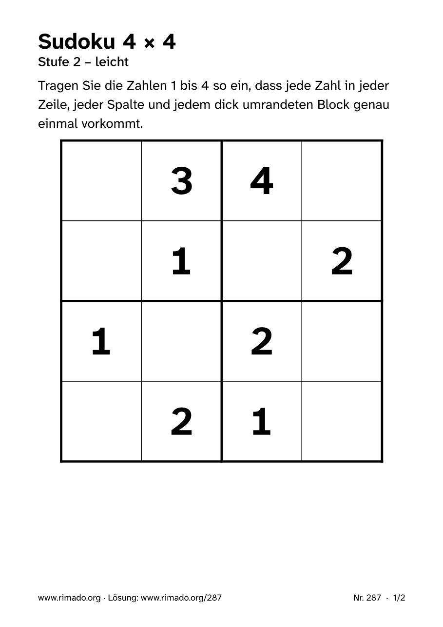 Vorschau der Druckseite: Sudoku 4 × 4, Nr. 287