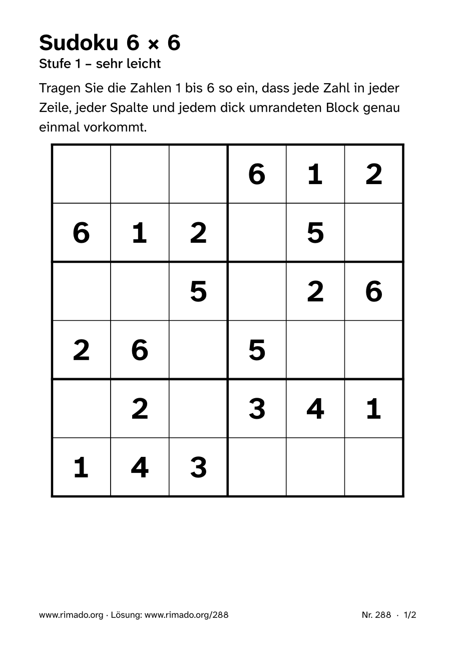 Vorschau der Druckseite: Sudoku 6 × 6, Nr. 288