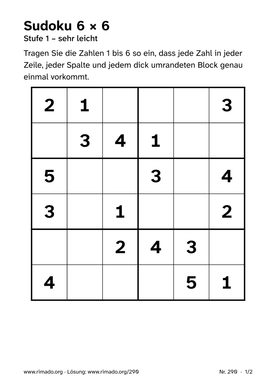 Vorschau der Druckseite: Sudoku 6 × 6, Nr. 290