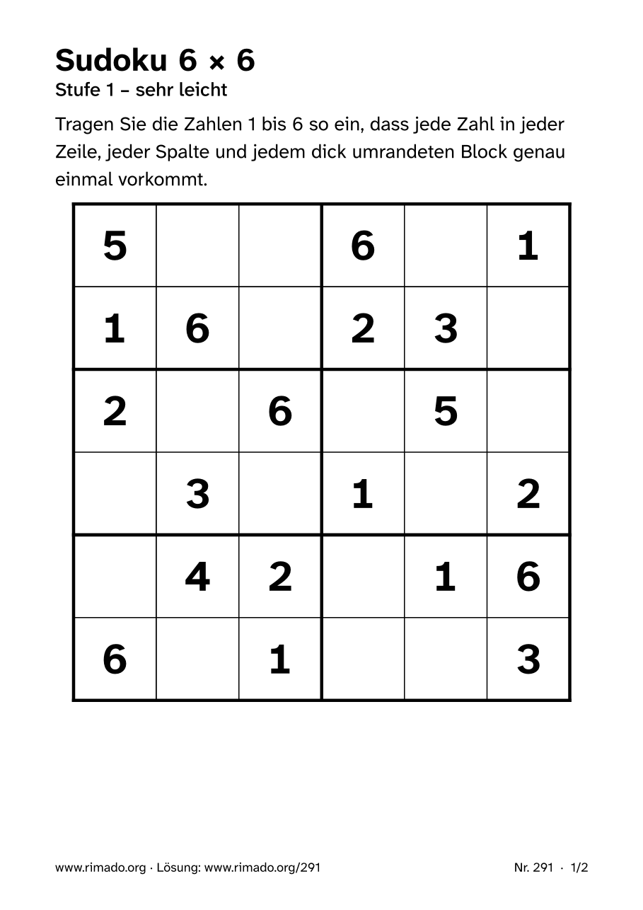 Vorschau der Druckseite: Sudoku 6 × 6, Nr. 291