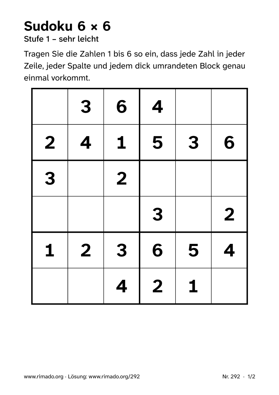 Vorschau der Druckseite: Sudoku 6 × 6, Nr. 292