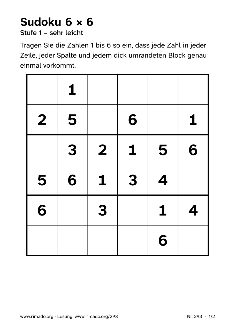 Vorschau der Druckseite: Sudoku 6 × 6, Nr. 293