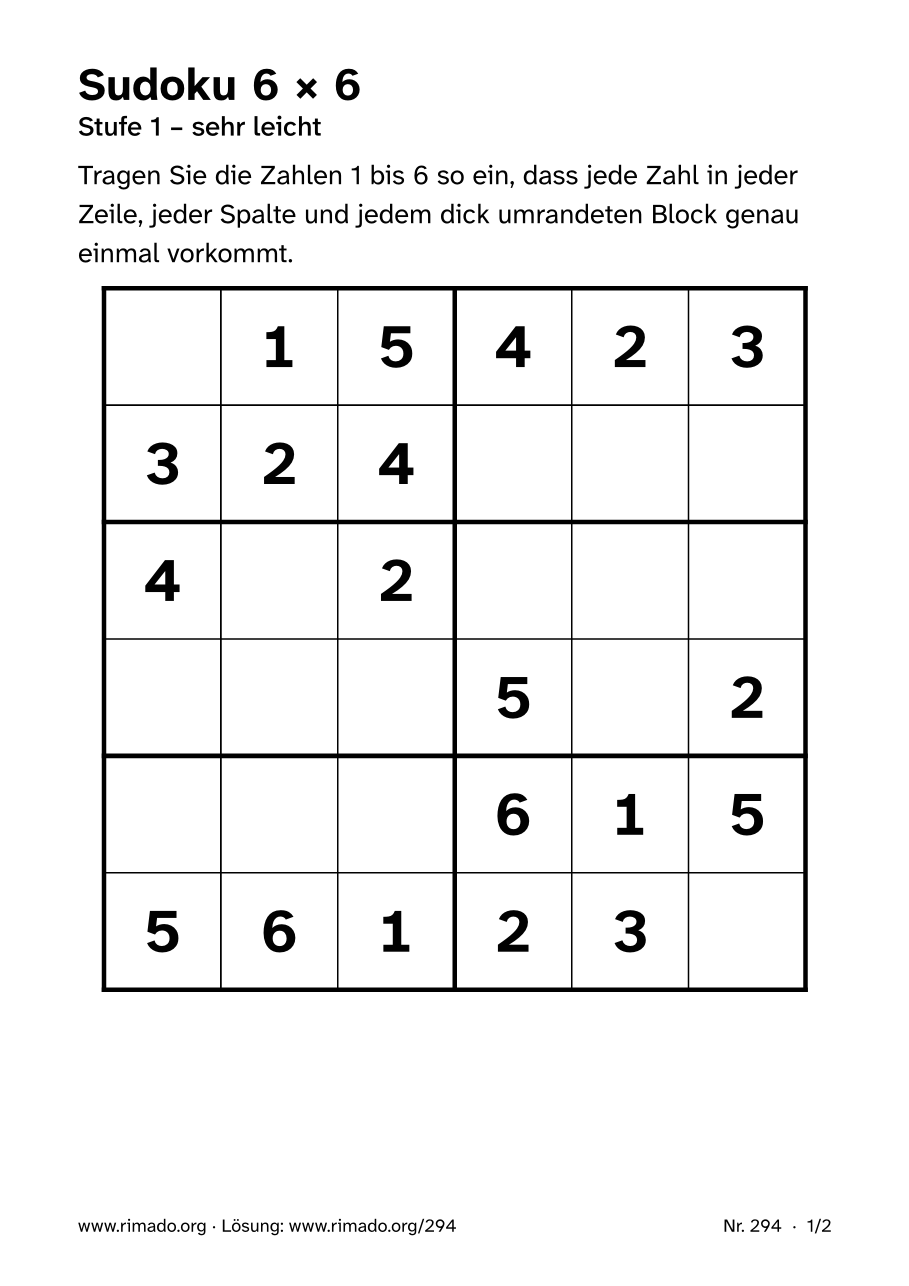 Vorschau der Druckseite: Sudoku 6 × 6, Nr. 294