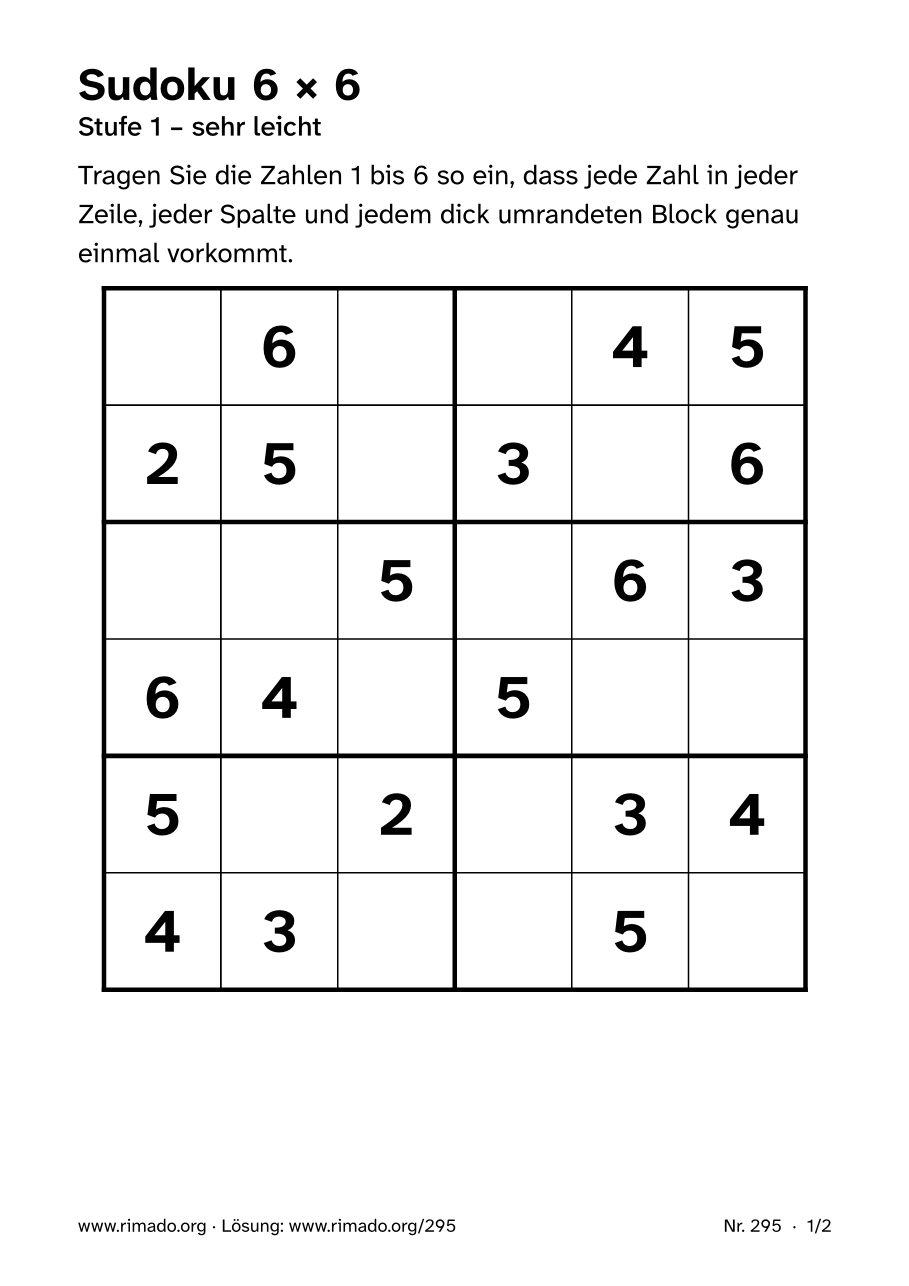 Vorschau der Druckseite: Sudoku 6 × 6, Nr. 295