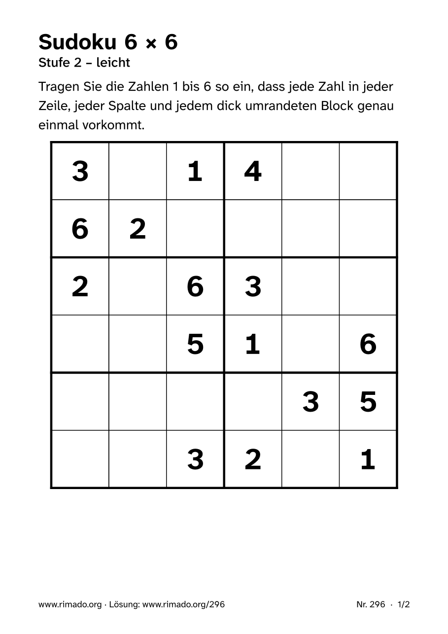 Vorschau der Druckseite: Sudoku 6 × 6, Nr. 296