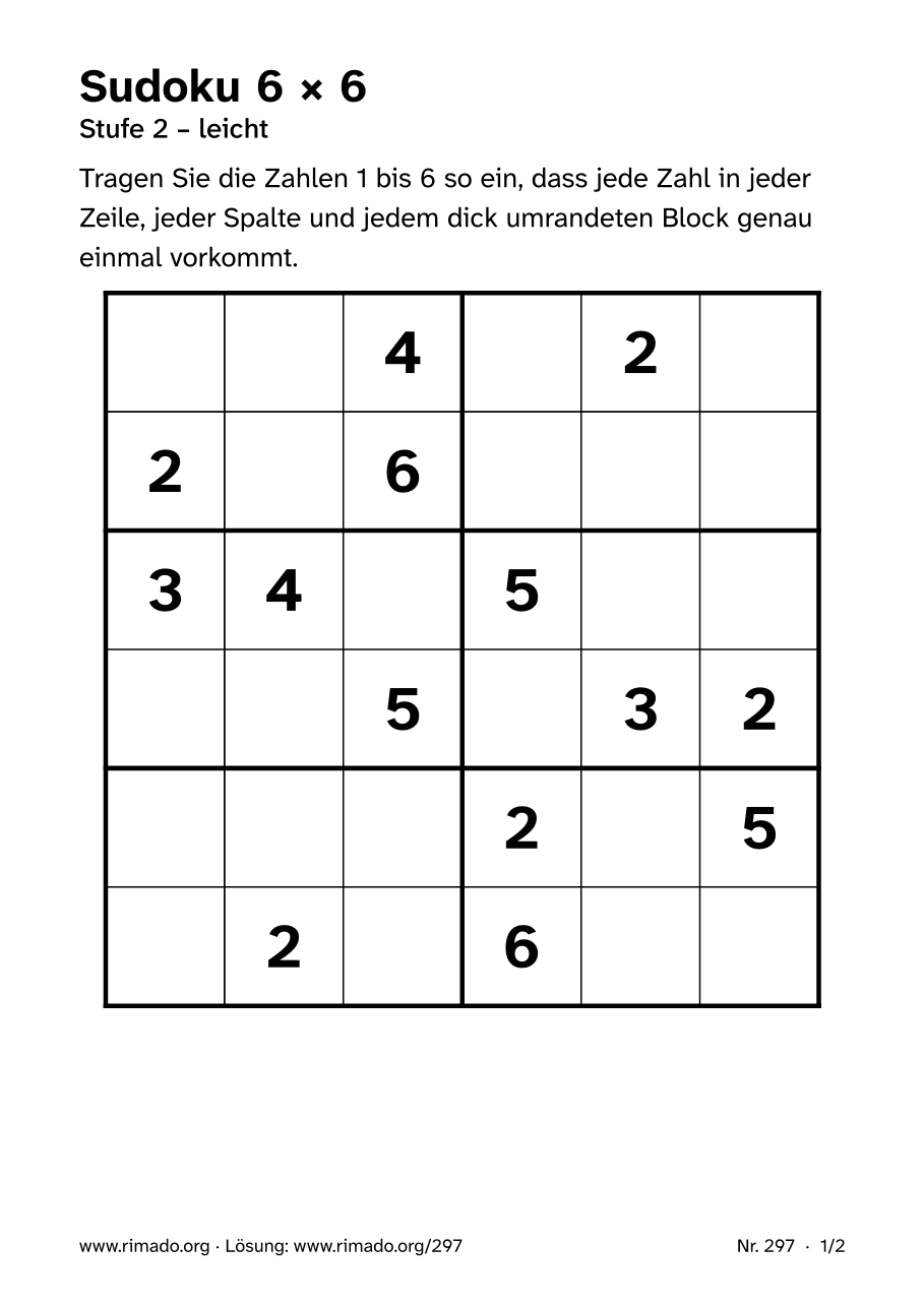 Vorschau der Druckseite: Sudoku 6 × 6, Nr. 297