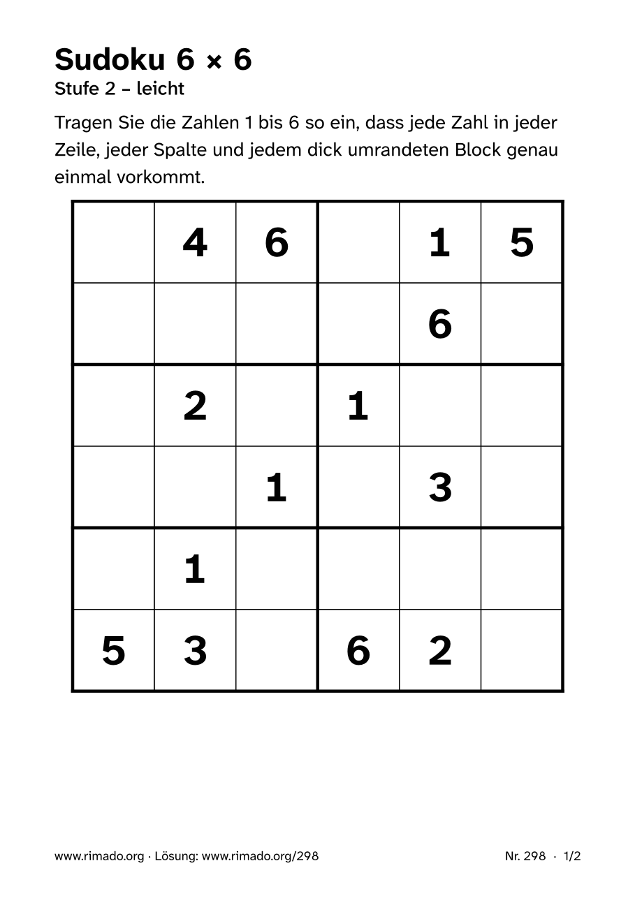 Vorschau der Druckseite: Sudoku 6 × 6, Nr. 298