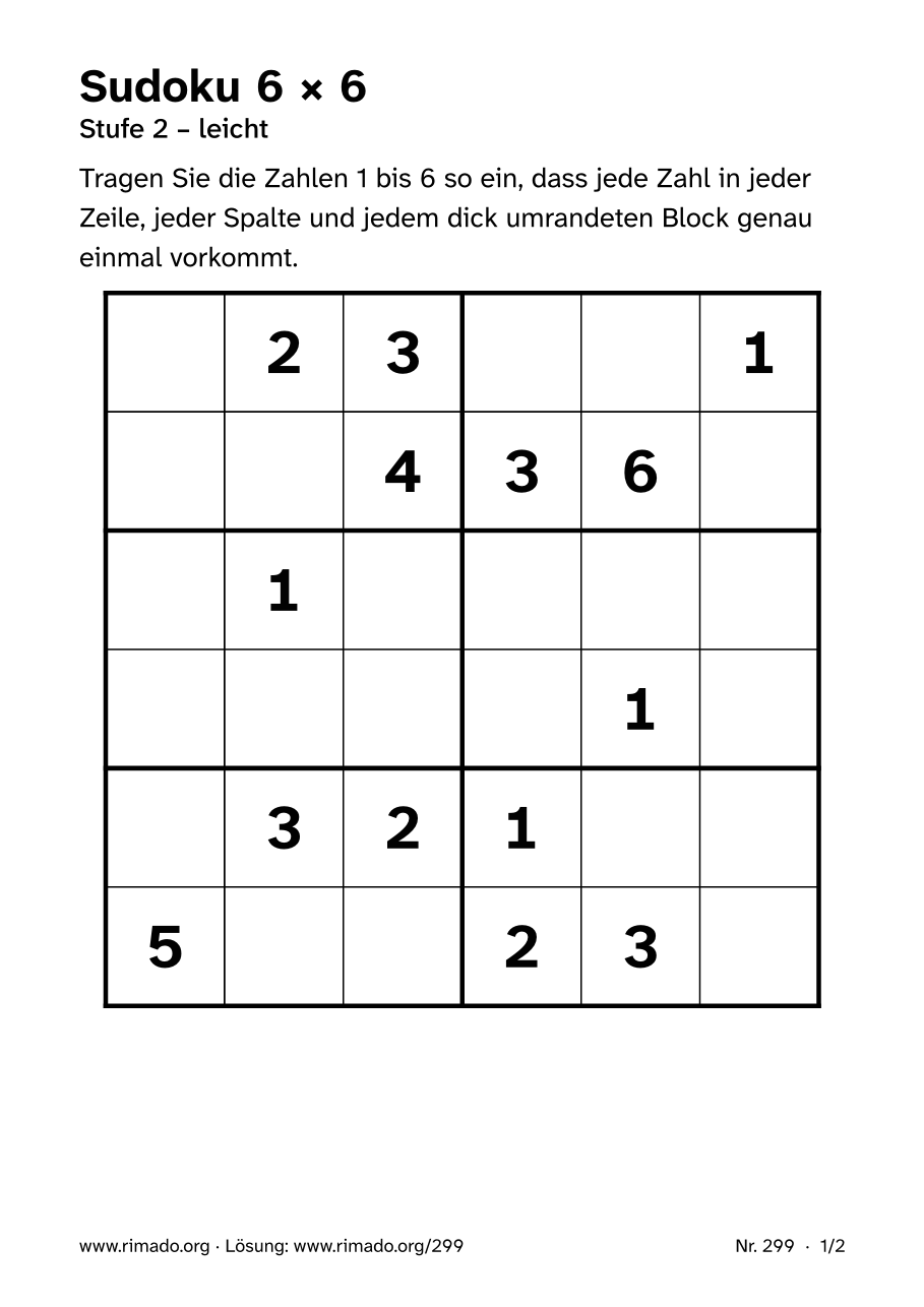 Vorschau der Druckseite: Sudoku 6 × 6, Nr. 299