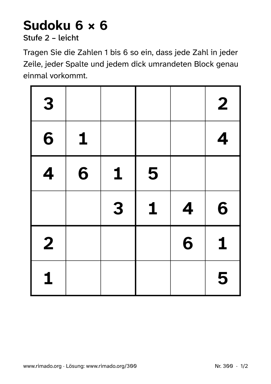 Vorschau der Druckseite: Sudoku 6 × 6, Nr. 300