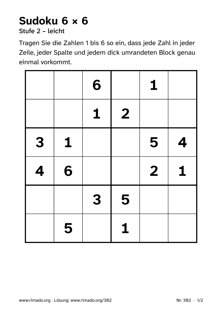 Vorschau der Druckseite: Sudoku 6 × 6, Nr. 302