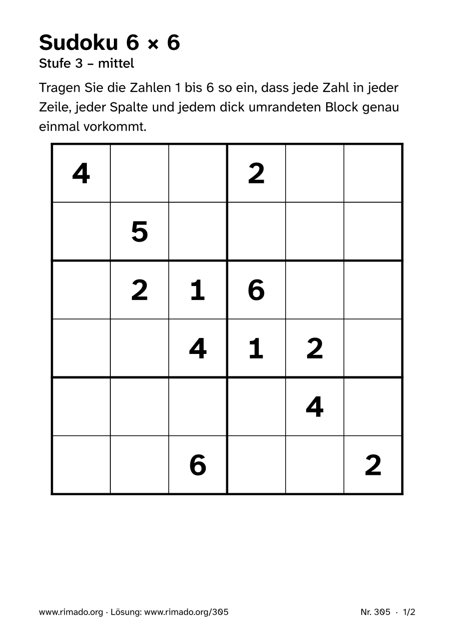 Vorschau der Druckseite: Sudoku 6 × 6, Nr. 305
