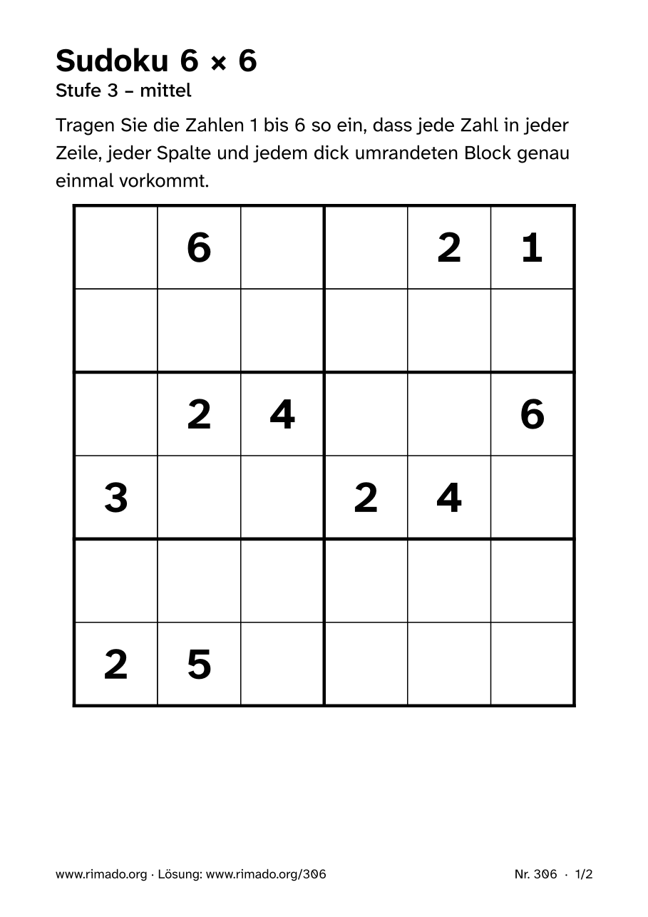 Vorschau der Druckseite: Sudoku 6 × 6, Nr. 306