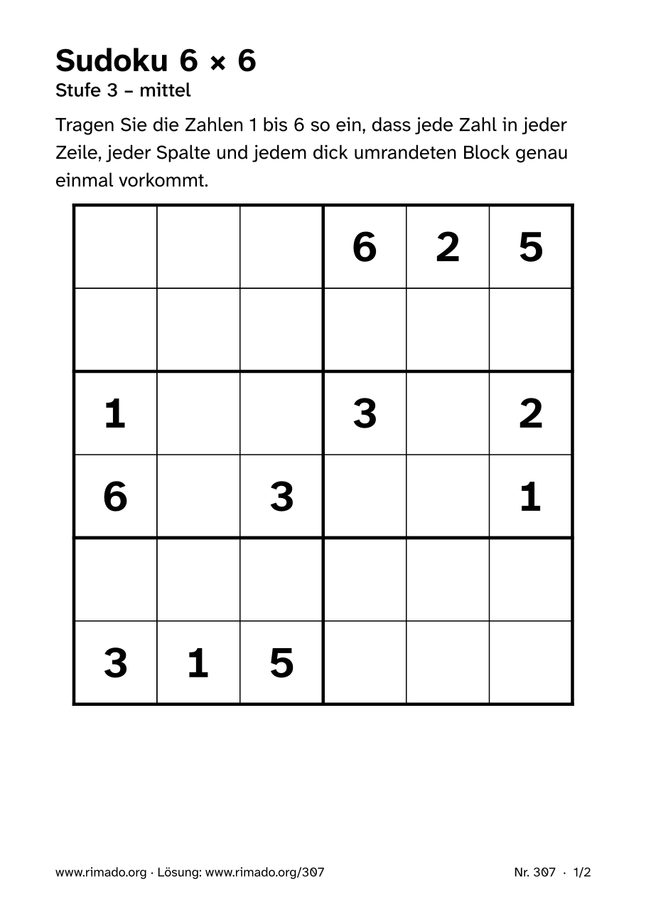 Vorschau der Druckseite: Sudoku 6 × 6, Nr. 307